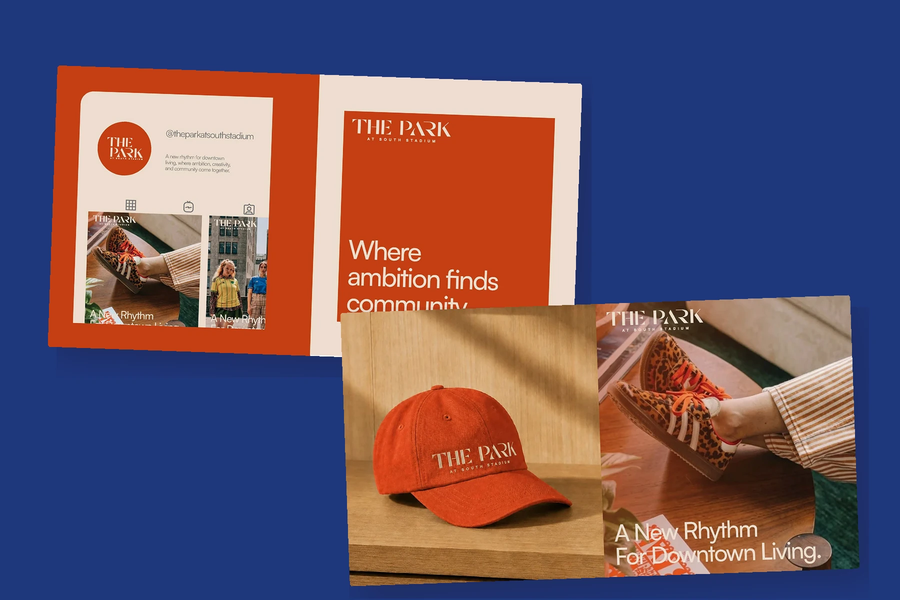 The Park at South Stadium social, stationery, merchandise, and campaign applications arranged as an editorial composition