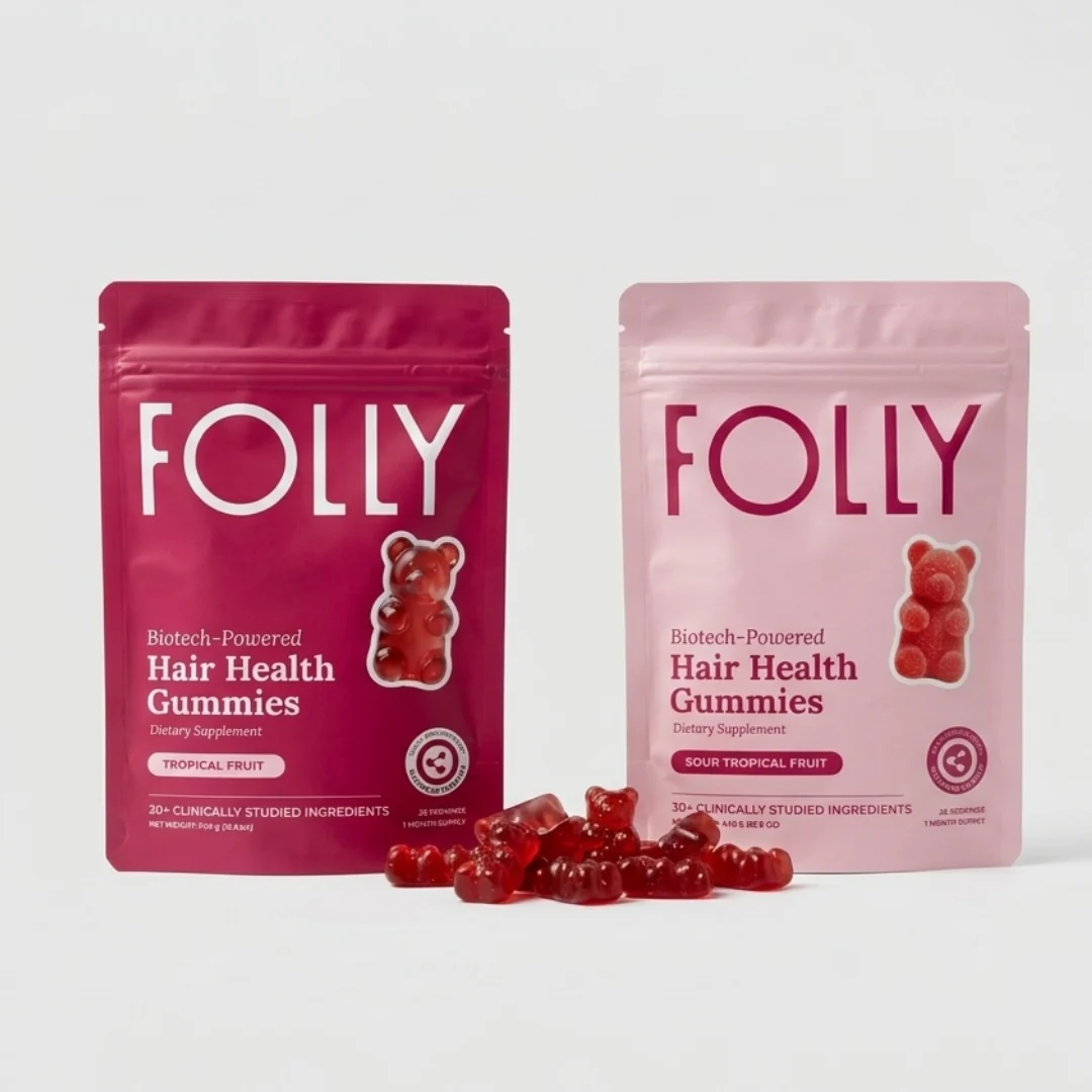 Folly tropical and sour Hair Health Gummies pouches with loose gummies