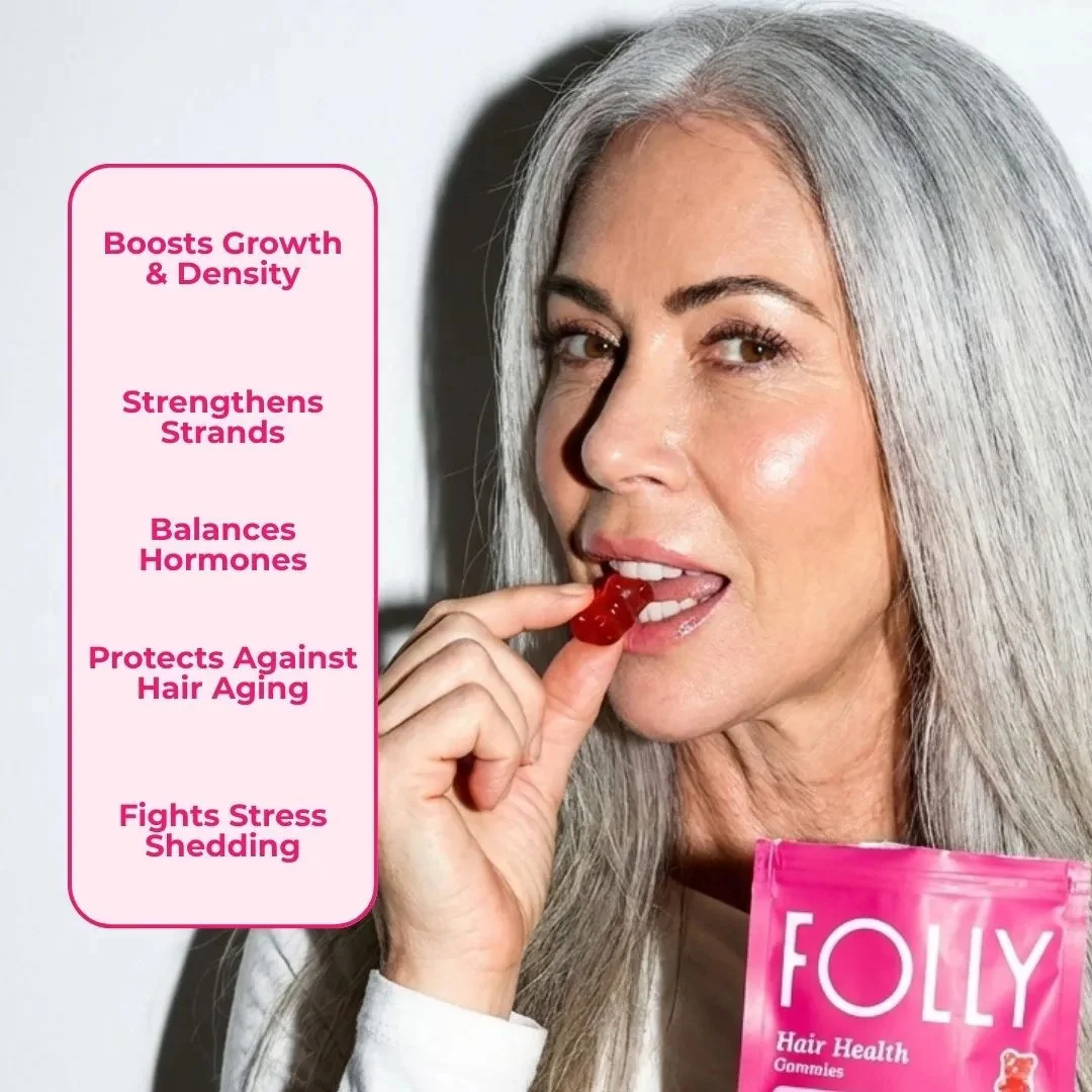 Folly customer holding a Hair Health Gummies pouch